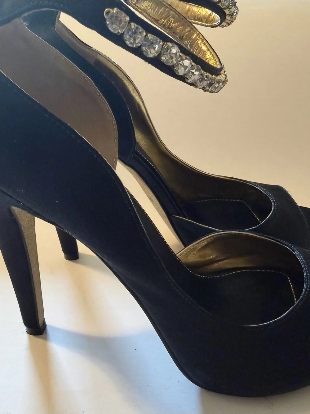 Nine West Satin Black High Heels with Crystal Ankle Strap